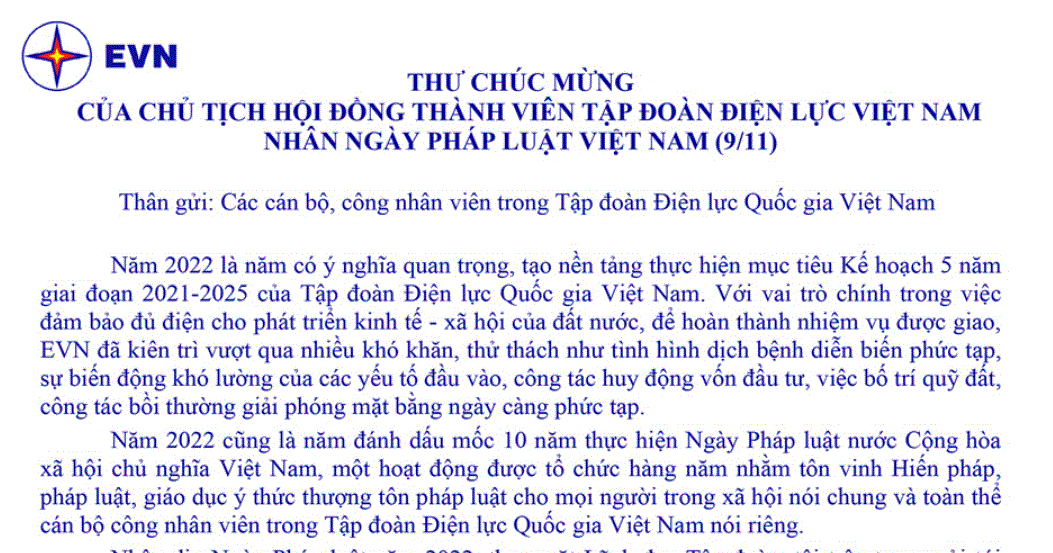 Thư chúc mừng của Chủ tịch HĐTV EVN nhân Ngày Pháp luật Việt Nam (9/11)