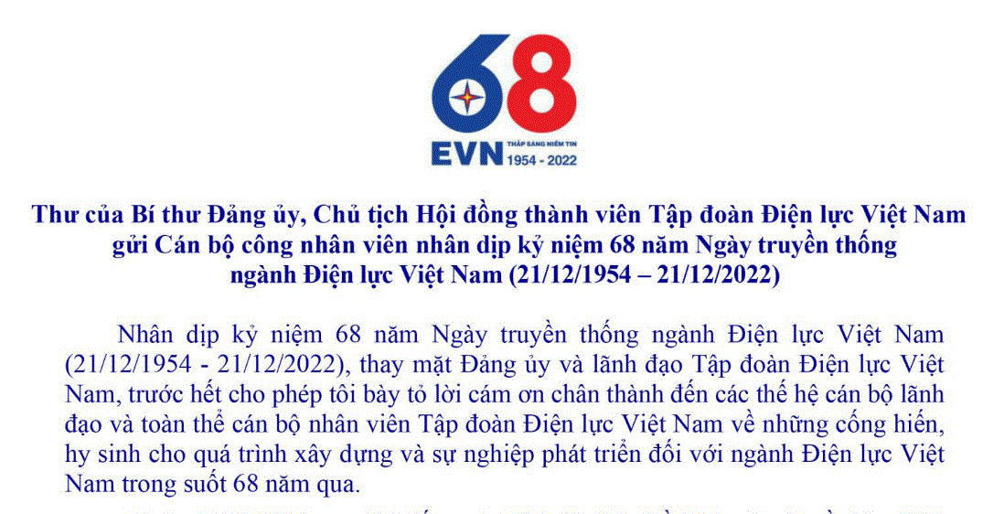 Thư của Bí thư Đảng ủy, Chủ tịch HĐTV Tập đoàn Điện lực Việt Nam gửi cán bộ công nhân viên nhân dịp kỷ niệm 68 năm Ngày Truyền thống ngành Điện lực Việt Nam
